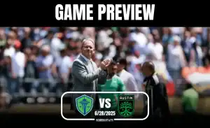 A game preview graphic featuring Seattle Sounders and Austin FC, with a crowd in the background and the date 6/28/2025 highlighted.