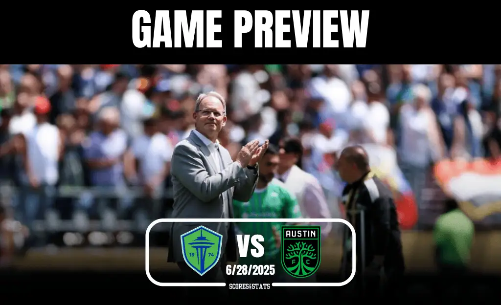 A game preview graphic featuring Seattle Sounders and Austin FC, with a crowd in the background and the date 6/28/2025 highlighted.