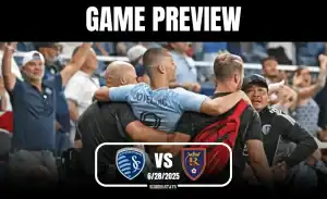 A sports event preview featuring two teams’ logos, with fans cheering and celebrating in the background, set against a dynamic stadium atmosphere.