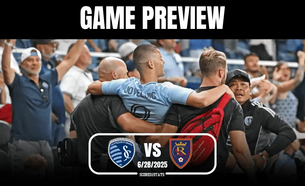 A sports event preview featuring two teams’ logos, with fans cheering and celebrating in the background, set against a dynamic stadium atmosphere.
