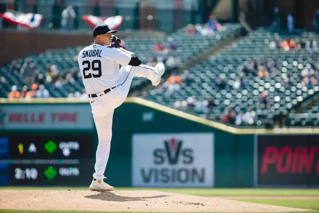 Detroit Tigers vs Minnesota Twins Picks and Predictions June 29th 2025 2 A pitcher wears a white jersey with the name "Skubal" and number 29, poised to throw a pitch at a baseball stadium.