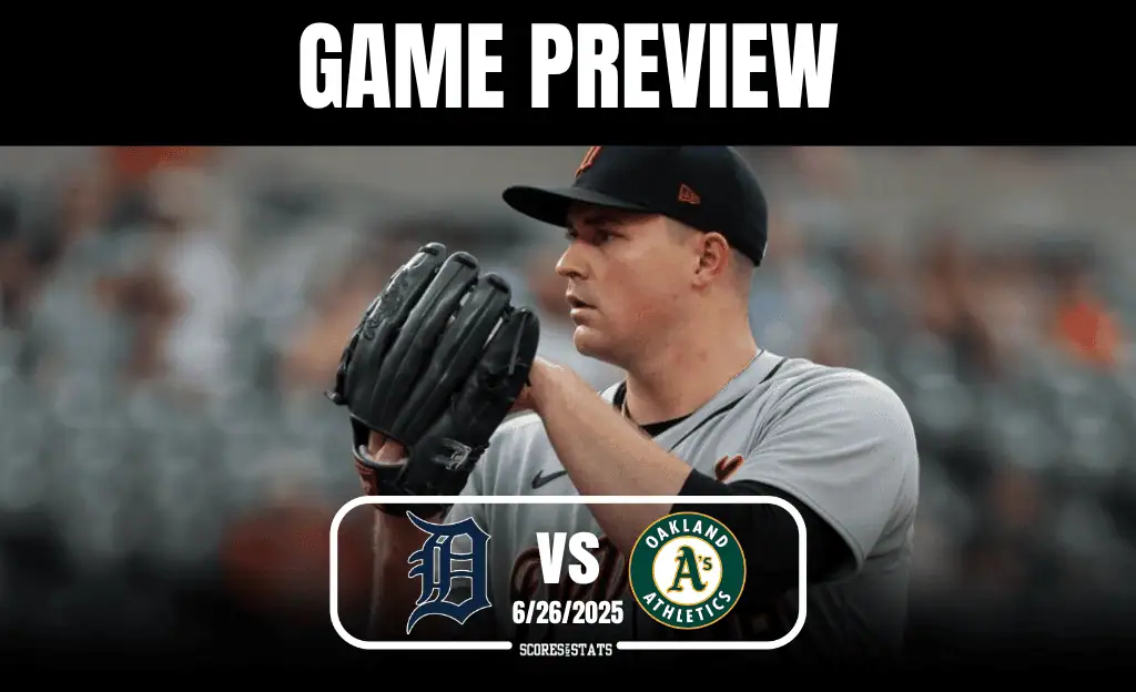 A pitcher prepares to throw during a baseball game preview between the Detroit Tigers and Oakland Athletics on June 26, 2025.