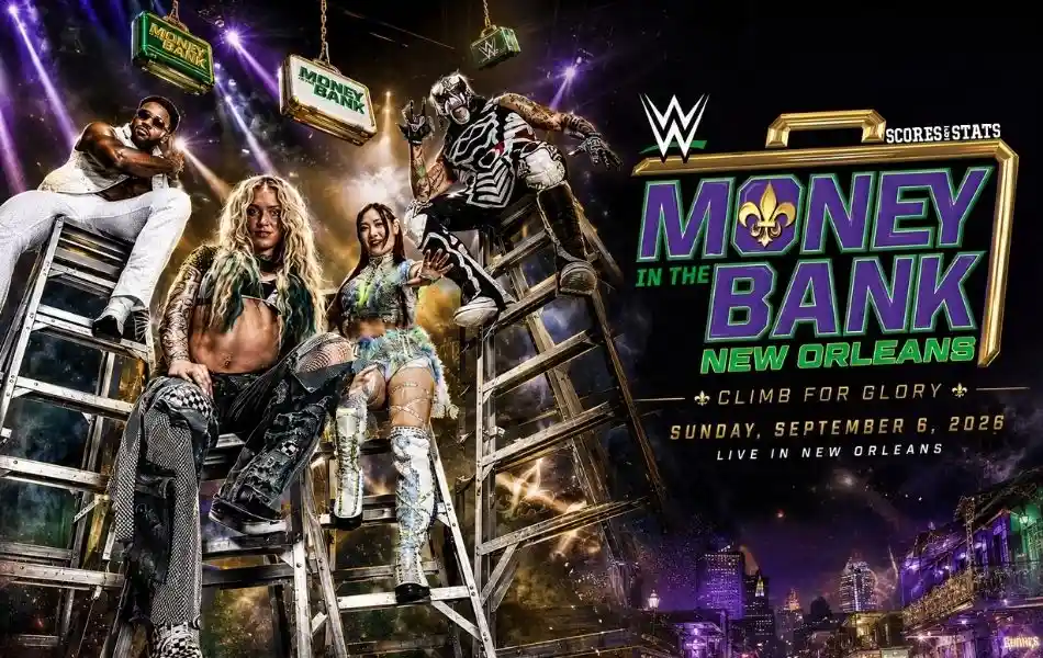WWE Money in the Bank 2026 graphic featuring wrestlers posing with ladders, the Money in the Bank logo, and a New Orleans event backdrop.