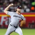 A pitcher in a grey Washington Nationals uniform prepares to throw a baseball on a vibrant baseball field filled with spectators.