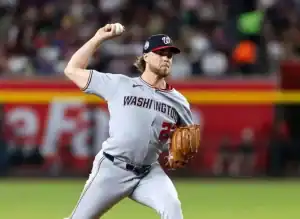 A pitcher in a grey Washington Nationals uniform prepares to throw a baseball on a vibrant baseball field filled with spectators.