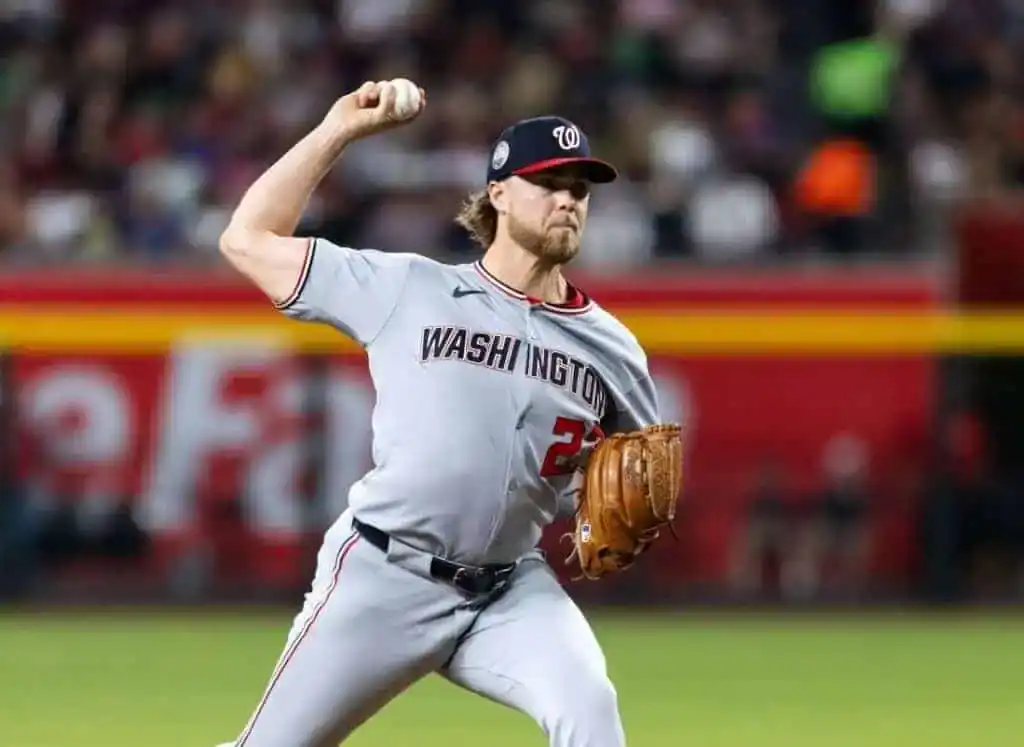 A pitcher in a grey Washington Nationals uniform prepares to throw a baseball on a vibrant baseball field filled with spectators.