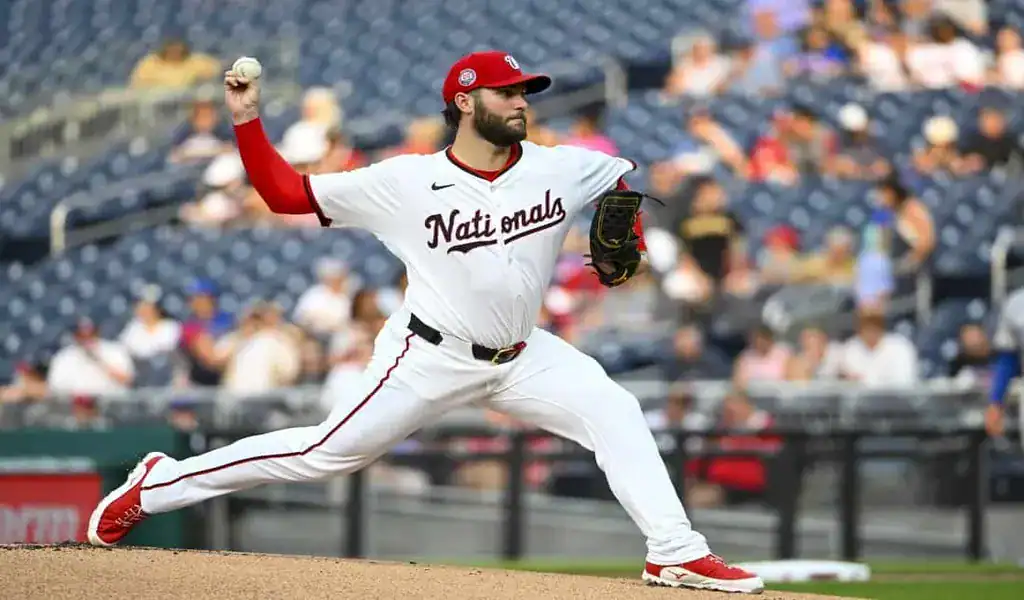 Washington Nationals pitcher in action against the Texas Rangers, June 8th 2025