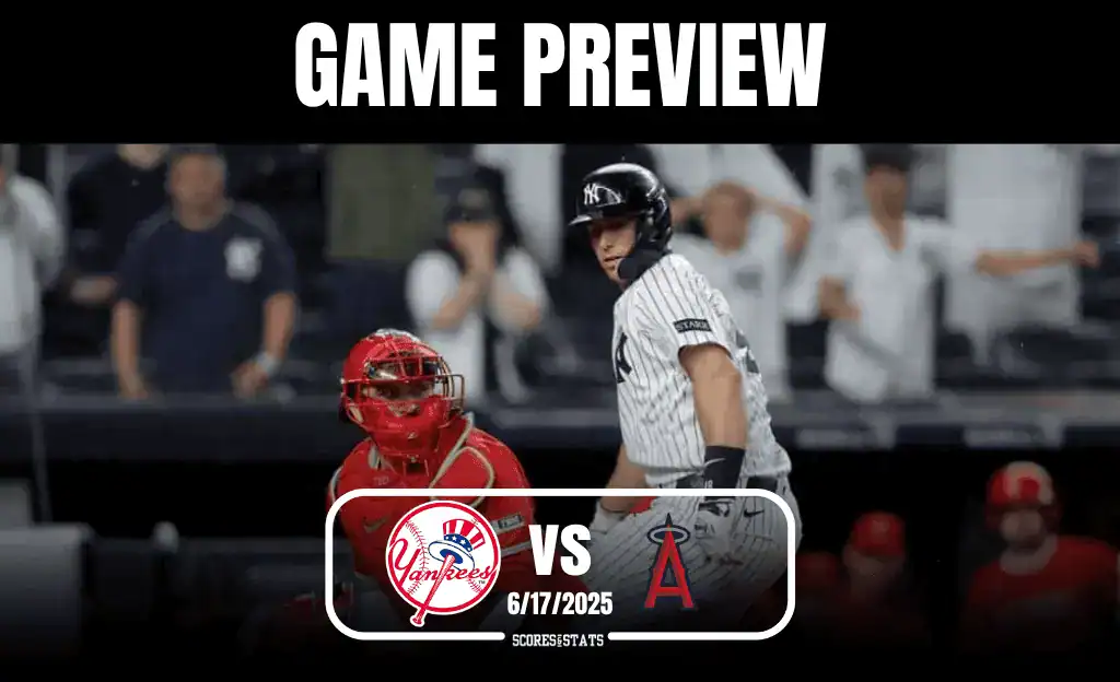 A baseball game preview featuring the Yankees vs. Angels, with a date of June 17, 2025, and teams' logos prominently displayed.