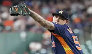 Houston Astros pitcher throws during game against Cleveland Guardians on June 7, 2025