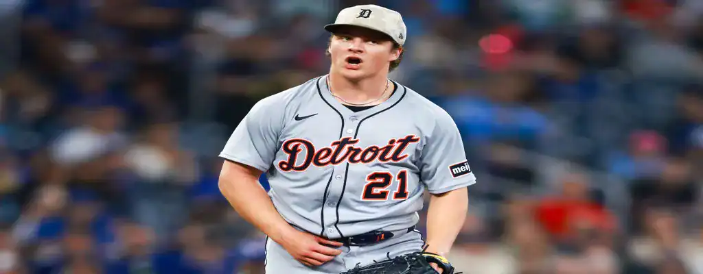 Detroit Tigers vs Chicago Cubs Picks and Predictions June 8th 2025 3 Detroit Tigers pitcher reacting on the mound during an MLB game, June 2025