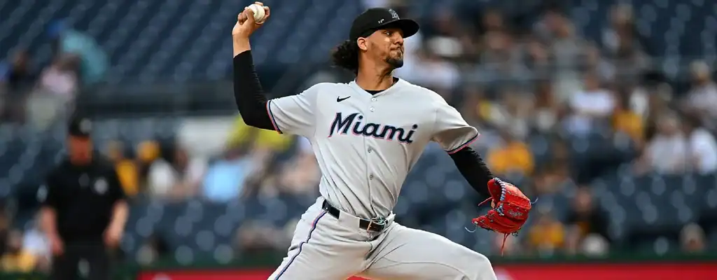 Pittsburgh Pirates vs Miami Marlins Picks and Predictions June 10th 2025 2 Miami Marlins pitcher in gray uniform delivers a pitch during an MLB game