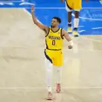 Indiana Pacers player celebrates during game against Oklahoma City Thunder on June 8, 2025