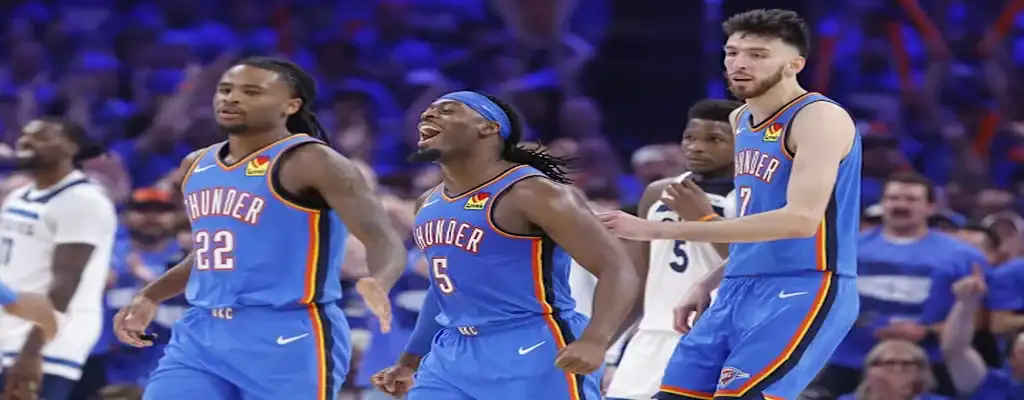 Indiana Pacers vs Oklahoma City Thunder Picks and Predictions June 13th 2025 2 Oklahoma City Thunder players in blue uniforms celebrate during an NBA game