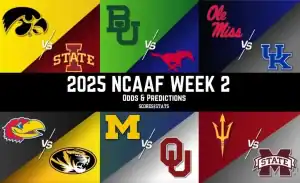 The graphic seems to relate to college football odds and predictions for an upcoming game, and showcases various brand logos.