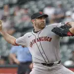 San Francisco Giants pitcher throws a pitch during a July 4, 2025 game against the Oakland Athletics.