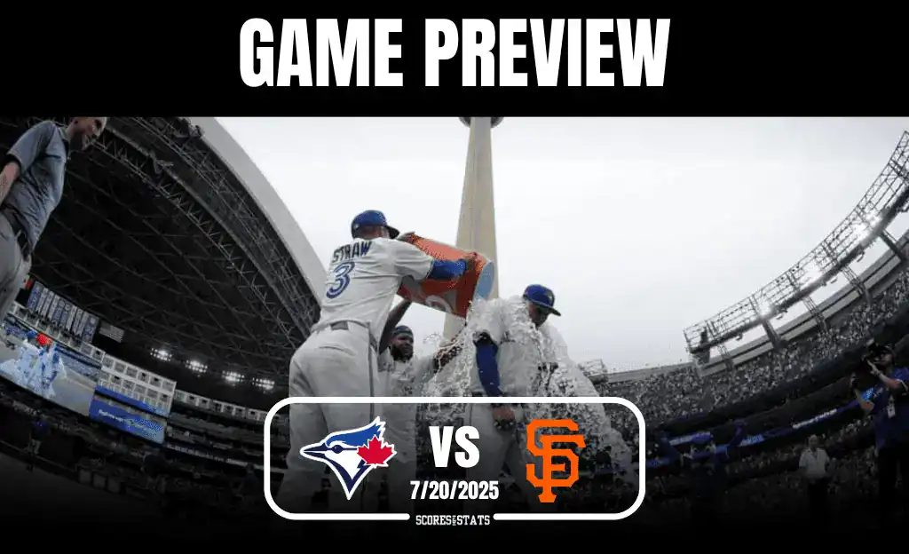 A dramatic baseball scene featuring Toronto Blue Jays players celebrating with water in a stadium, showcasing the game preview against the San Francisco Giants.