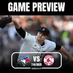 A pitcher in a white jersey throws a baseball, with text overlay announcing a game preview between the Blue Jays and Red Sox.