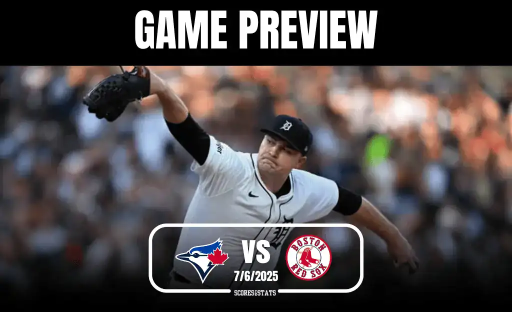 A pitcher in a white jersey throws a baseball, with text overlay announcing a game preview between the Blue Jays and Red Sox.