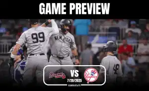 A baseball game preview, featuring players in gray uniforms celebrating, with the Braves vs Yankees matchup highlighted below.