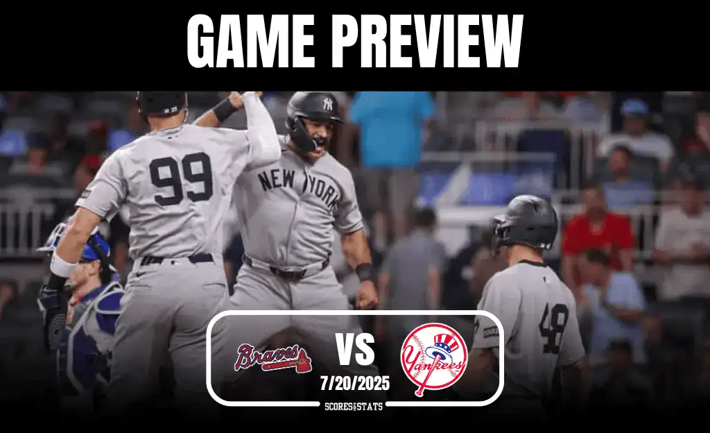 A baseball game preview, featuring players in gray uniforms celebrating, with the Braves vs Yankees matchup highlighted below.