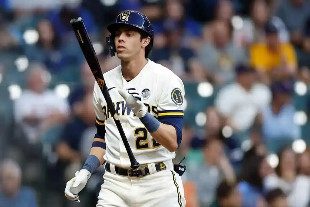 Christian Yelich of the Milwaukee Brewers, number 22, stands at home plate.