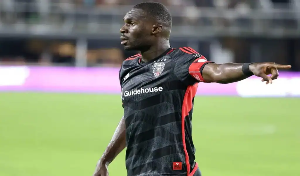 A DC United player points during a match against Atlanta United, July 5th, 2025.