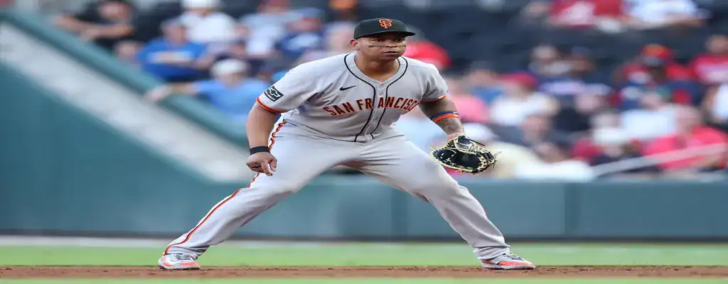 San Francisco Giants player in defensive stance ready for a play