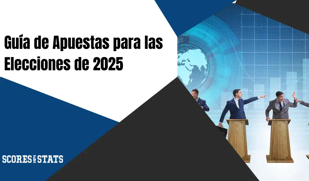 Debate político con candidatos en podios y gráficos de datos, ilustrando una guía de apuestas para elecciones 2025