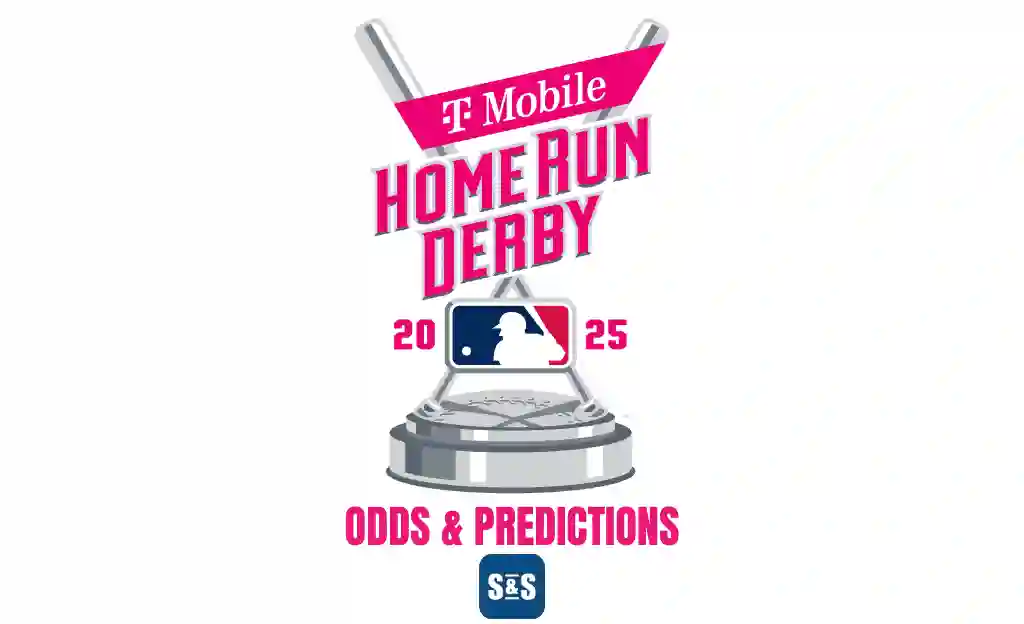 Logo for the T-Mobile Home Run Derby 2025 featuring crossed bats, a trophy, and text for "Odds & Predictions" from S&S.