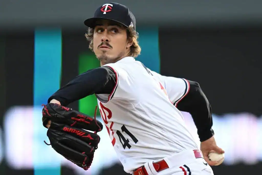 Minnesota Twins pitcher Joe Ryan, number 41, throws a pitch during a game.