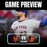 A pitcher in a white New York Mets jersey prepares to throw during a game, with a graphic announcing a matchup against the Baltimore Orioles.