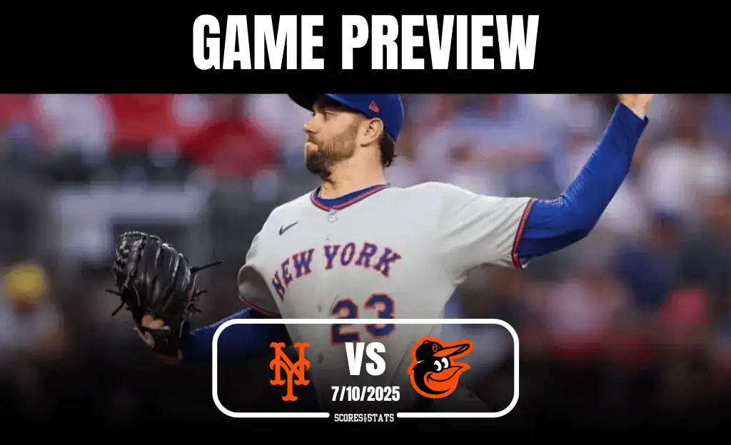 A pitcher in a white New York Mets jersey prepares to throw during a game, with a graphic announcing a matchup against the Baltimore Orioles.