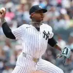 A baseball player in a pinstriped Yankees uniform pitches a ball, surrounded by a cheering crowd in the stands.