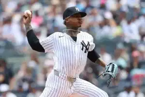 A baseball player in a pinstriped Yankees uniform pitches a ball, surrounded by a cheering crowd in the stands.