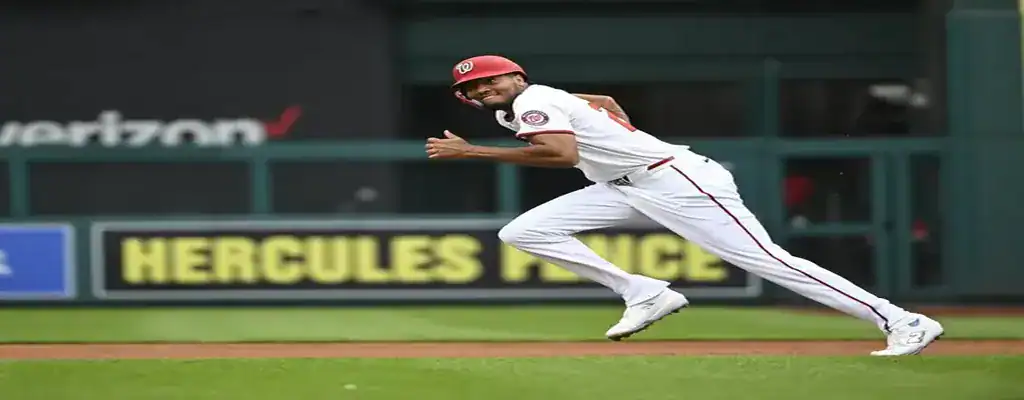 Washington Nationals player sprinting around the bases with determination