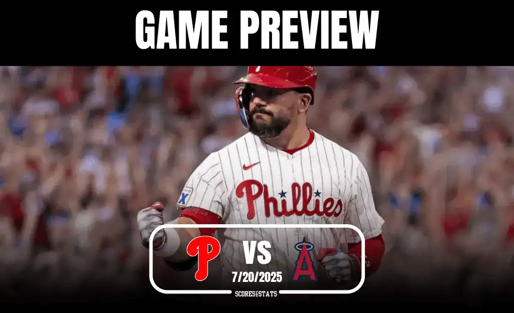 A player in a white Phillies jersey celebrates, with a crowd cheering in the background, promoting the game preview vs. the Angels on 7/20/2025.
