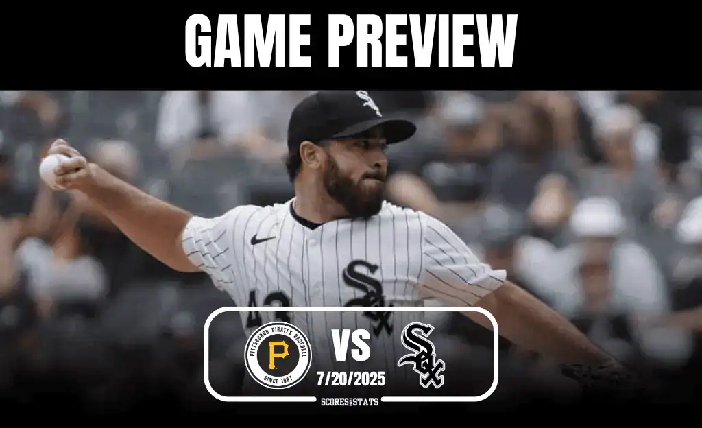 A pitcher in a white striped jersey throws a ball on the field, with the matchup details between the Pirates and White Sox displayed below.