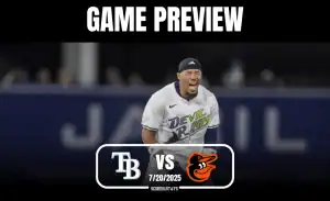 Baseball game preview graphic featuring "TB" vs "Orioles" with game date "7/20/2025" and a player in a white "Devil Rays" jersey.
