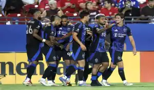 San Jose Earthquakes players celebrating a goal during their match against New York Red Bulls