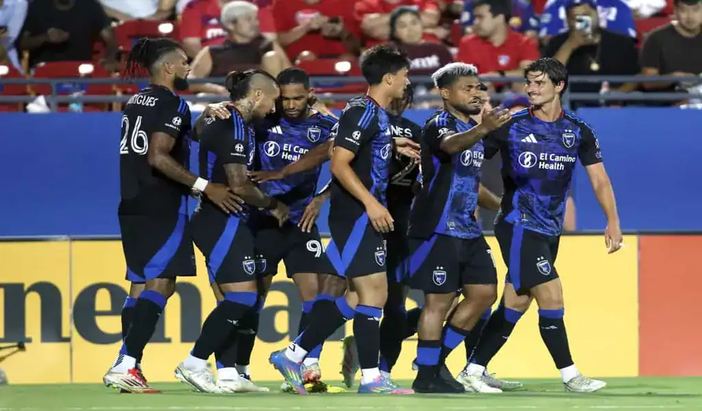 San Jose Earthquakes players celebrating a goal during their match against New York Red Bulls