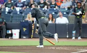 A baseball player swings a bat, preparing to hit the ball, with a stadium filled with cheering fans in the background.