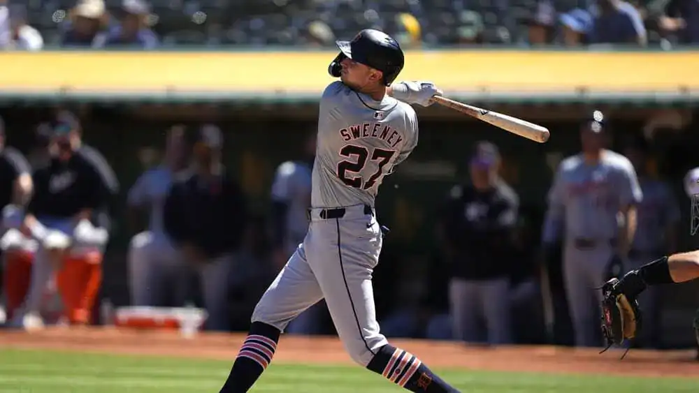 Detroit Tigers vs Tampa Bay Rays Picks and Predictions July 7th 2025 2 A baseball player in a gray uniform swings a bat, poised to connect with a ball during a game.