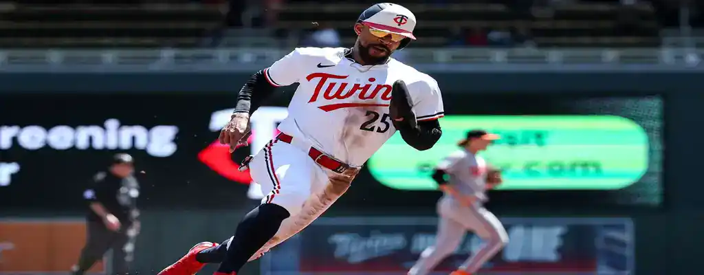 Minnesota Twins vs Chicago Cubs Picks and Predictions July 10th 2025 3 Minnesota Twins player sprinting aggressively toward third base