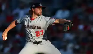 Washington Nationals pitcher delivers pitch in MLB matchup against Detroit Tigers on July 3rd 2025