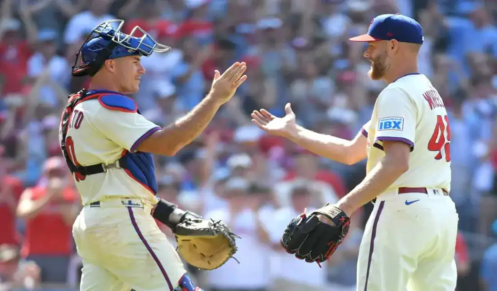 Philadelphia Phillies players celebrating during a game against the New York Yankees on July 27, 2025