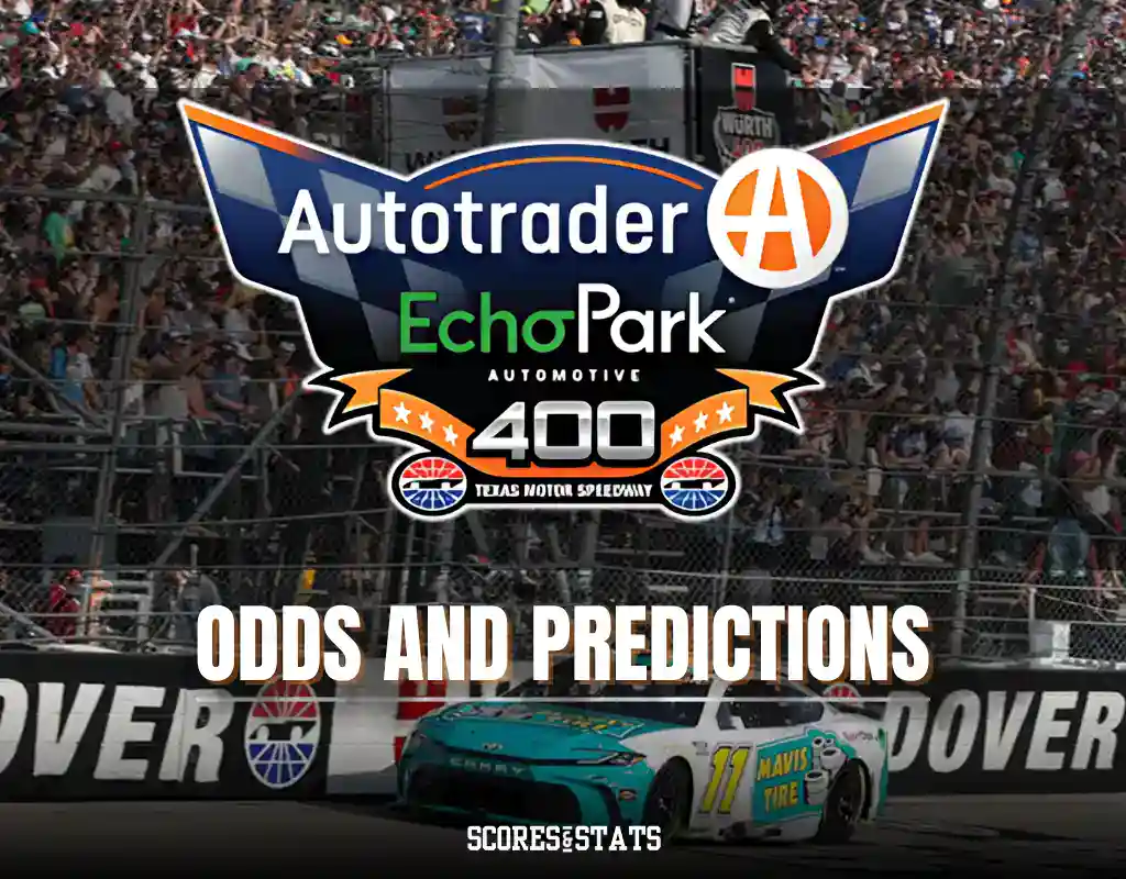 Autotrader EchoPark 400 promo with race car and crowd.