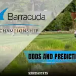 Golfers walking on a course with the Barracuda Championship logo and a blue banner