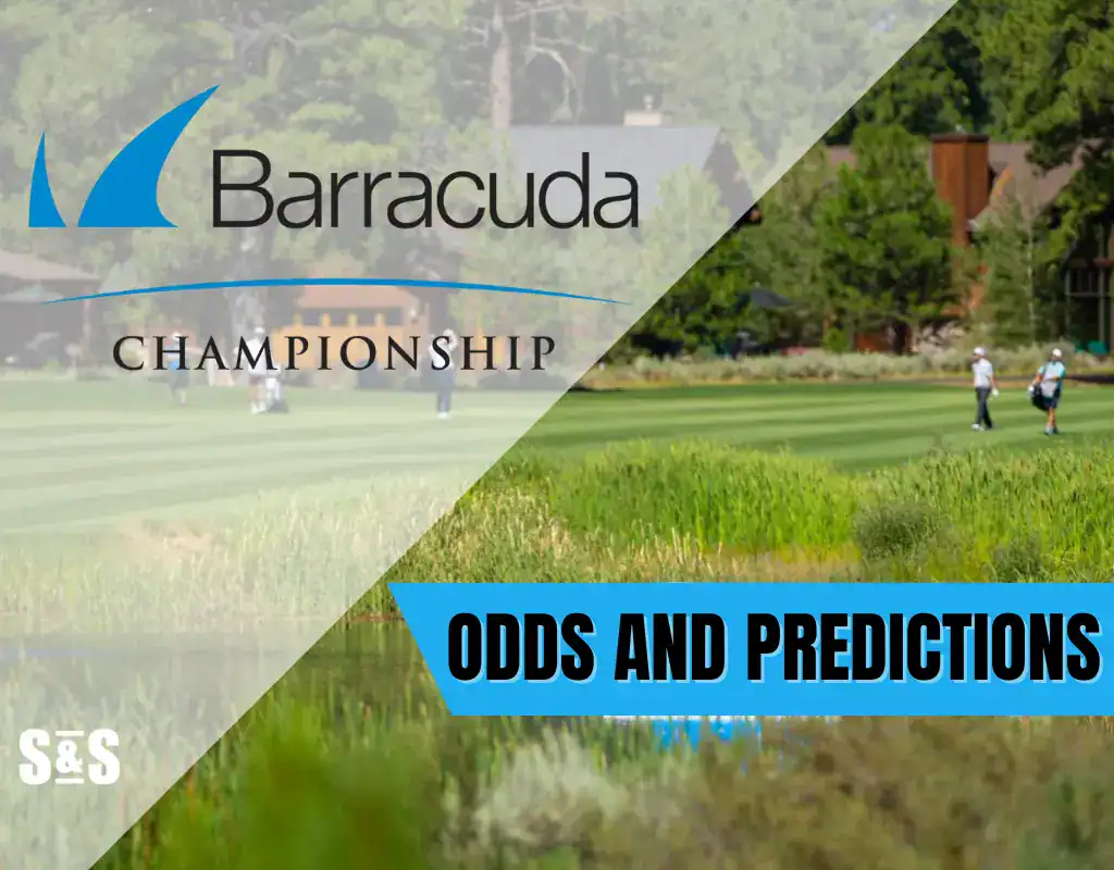 Golfers walking on a course with the Barracuda Championship logo and a blue banner