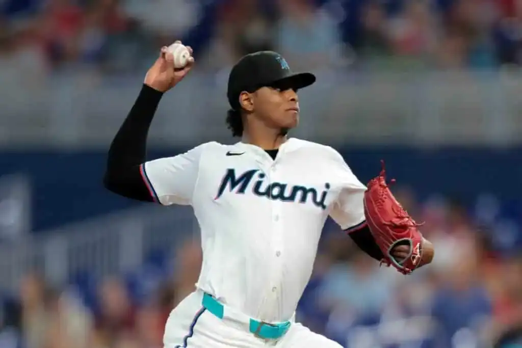 A Miami Marlins pitcher throws the ball during a game.