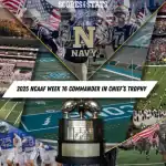 Home 30 Collage showcasing the 2025 NCAA football scene, featuring military academies, stadiums, and the Commander in Chief's Trophy.